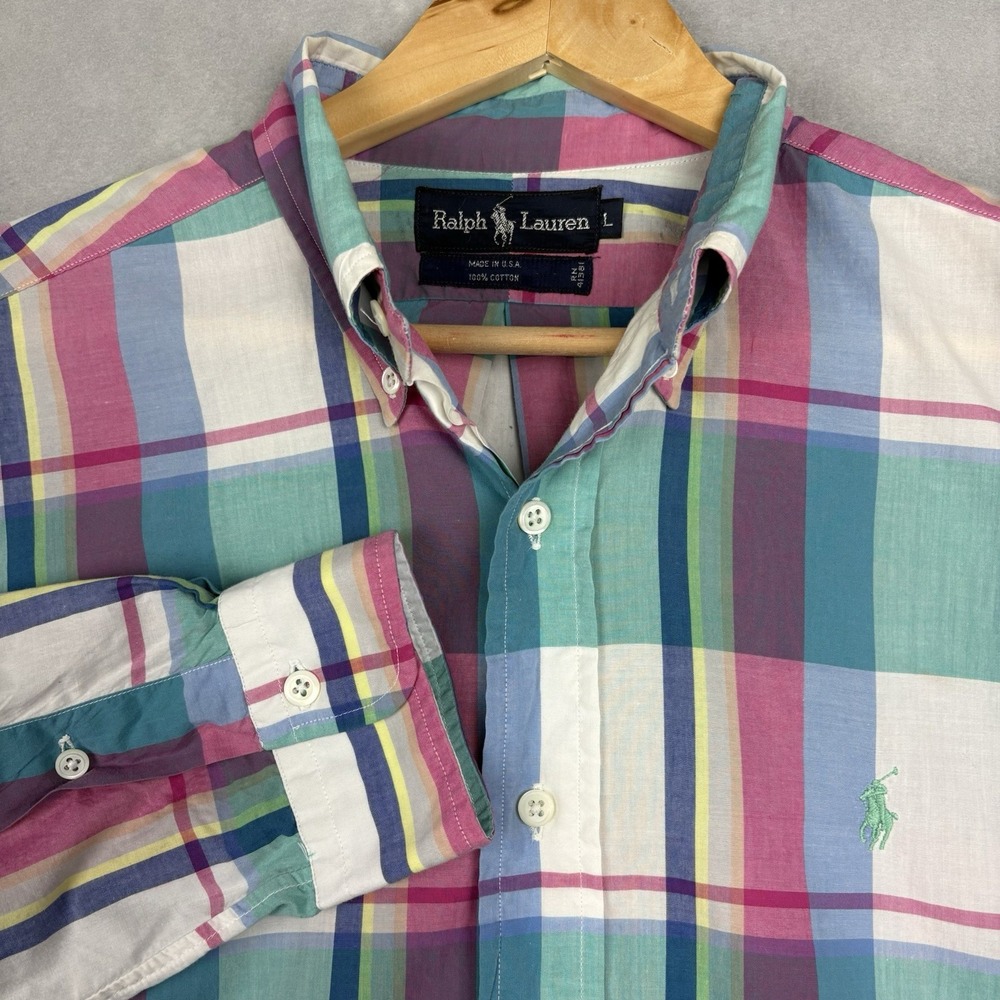 Polo Ralph Lauren Plaid Shirt Mens Large Green Pink Button Down Made In USA